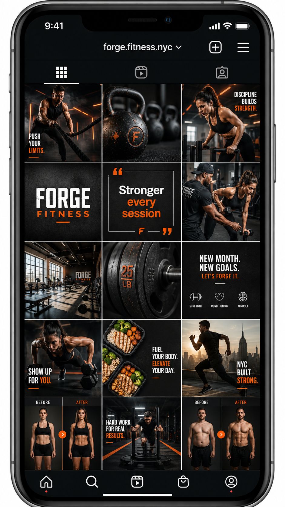 Sample monthly Instagram grid — boutique fitness studio