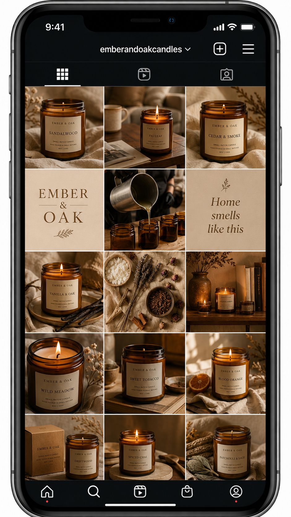 Sample monthly Instagram grid — candle and home goods brand